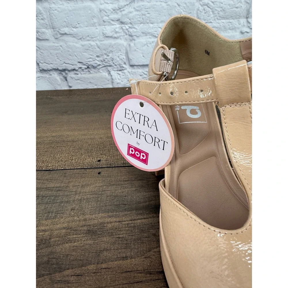 POP Extra Comfort Nude Patent T-Strap Platform Heels Size 6 Retro Mod Mary Jane